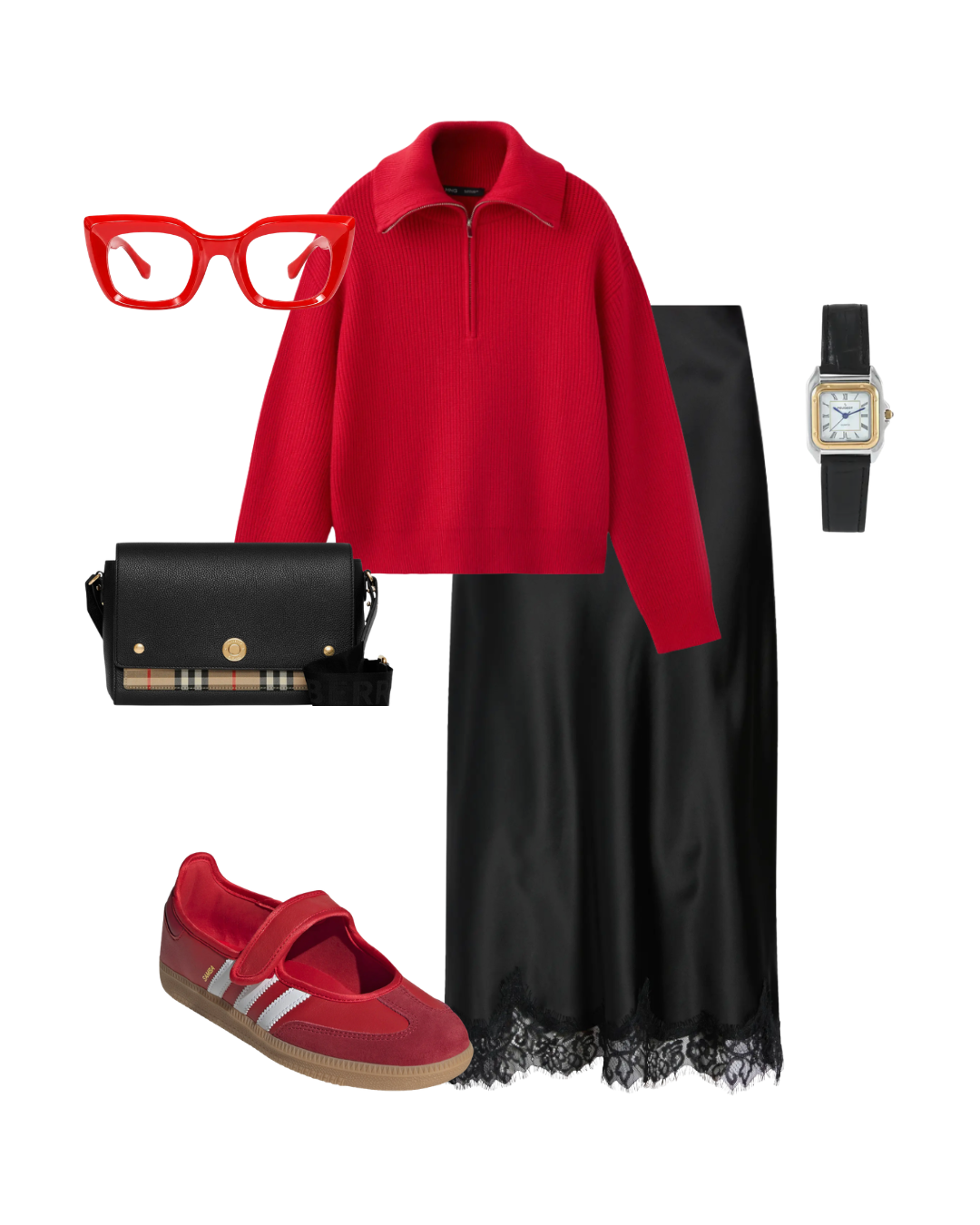 Casual high-low fall outfit combining a quarter-zip pullover sweater with a fluid satin midi skirt and athletic running sneakers.