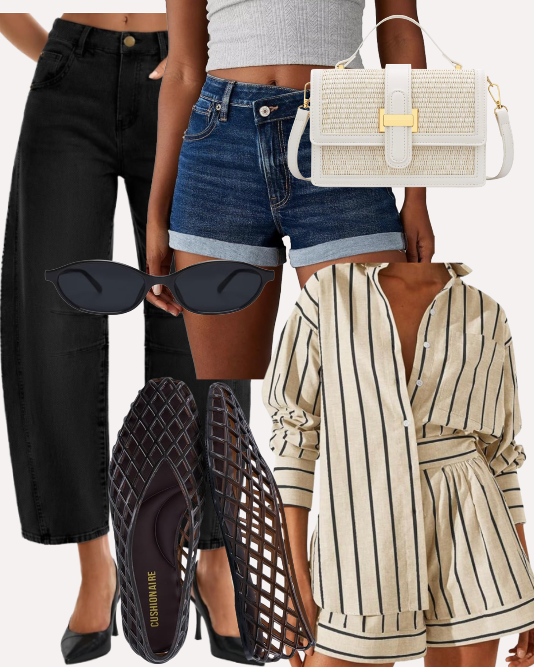 A summer fashion collage featuring black Cushionaire mesh Mary Jane flats, a striped shorts set, and black barrel jeans.