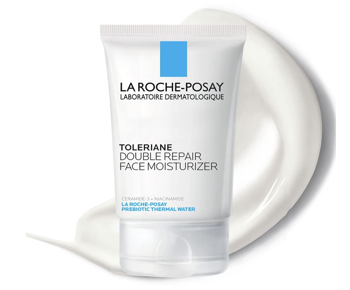 A tube of La Roche-Posay Toleriane Double Repair Face Moisturizer, a soothing fragrance-free cream with ceramides and niacinamide for sensitive mature skin.