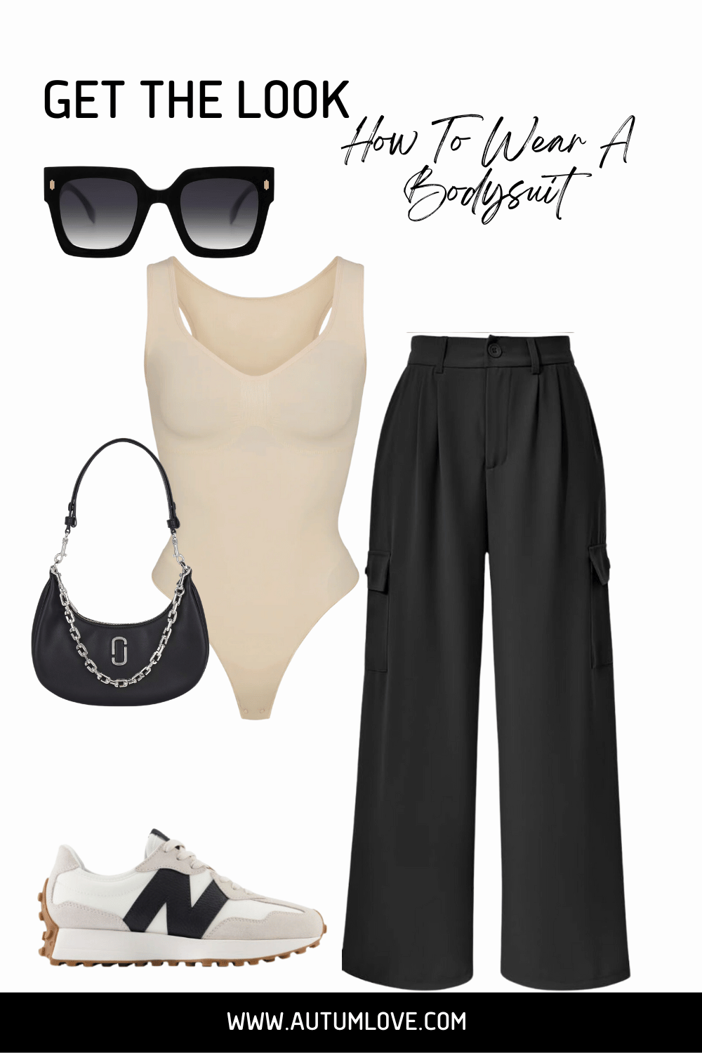Styling a cream scoop-neck bodysuit with high-waisted black wide-leg cargo pants and white sneakers to create a balanced silhouette and smooth the midsection.