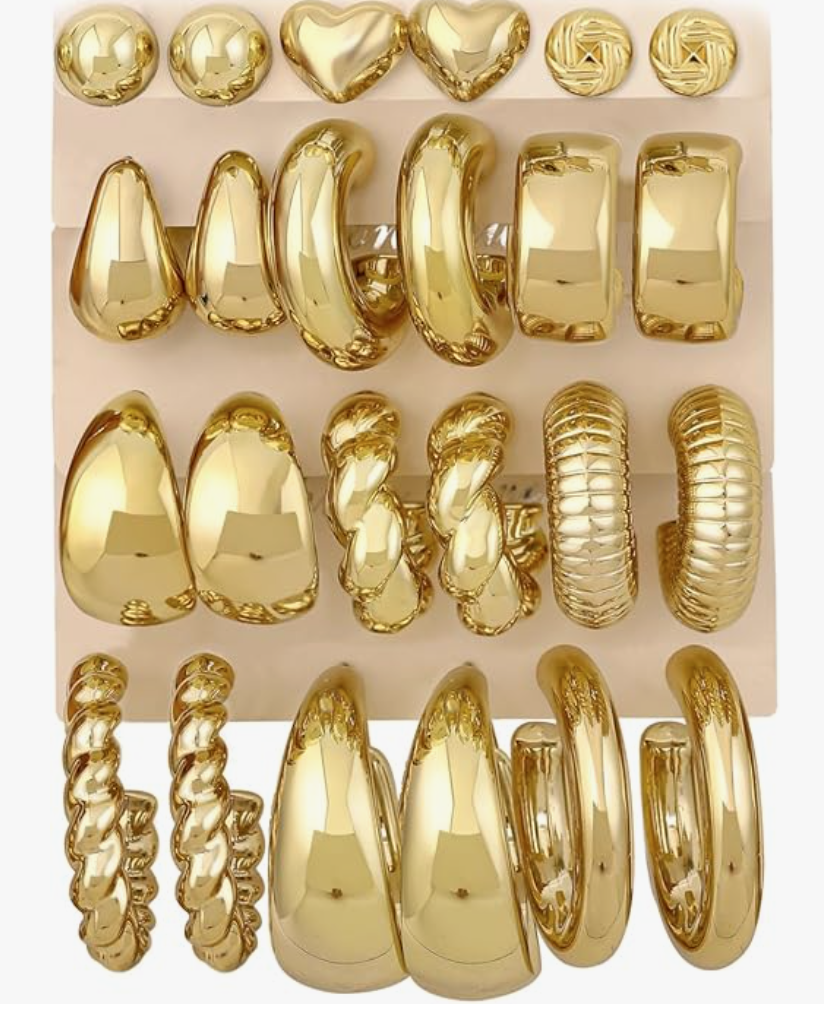 12 Pairs Chunky Gold Hoop Earrings