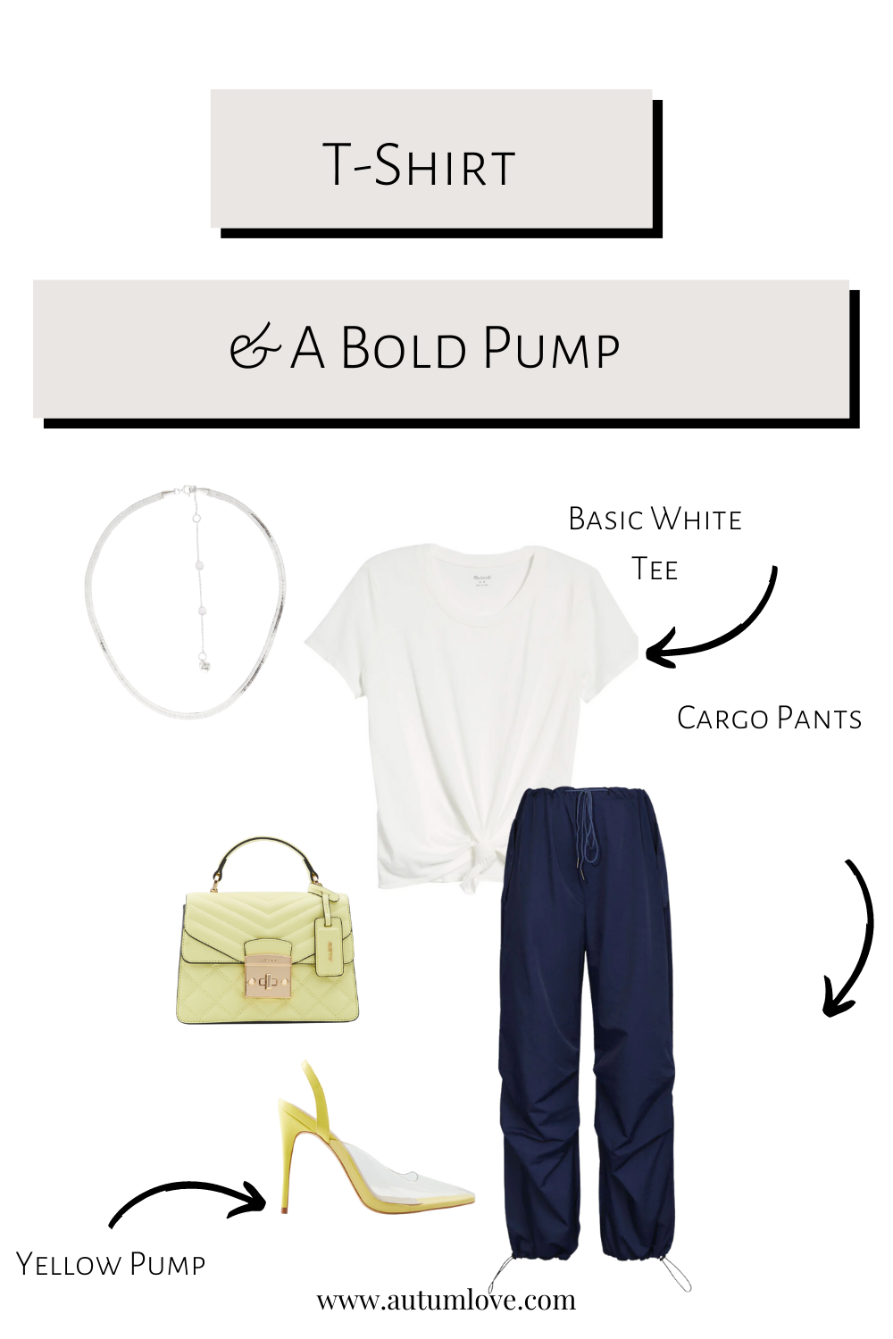 Stylist guide featuring a basic white tee paired with a bold pump, showcasing a high-low outfit formula for dinner or evening events.