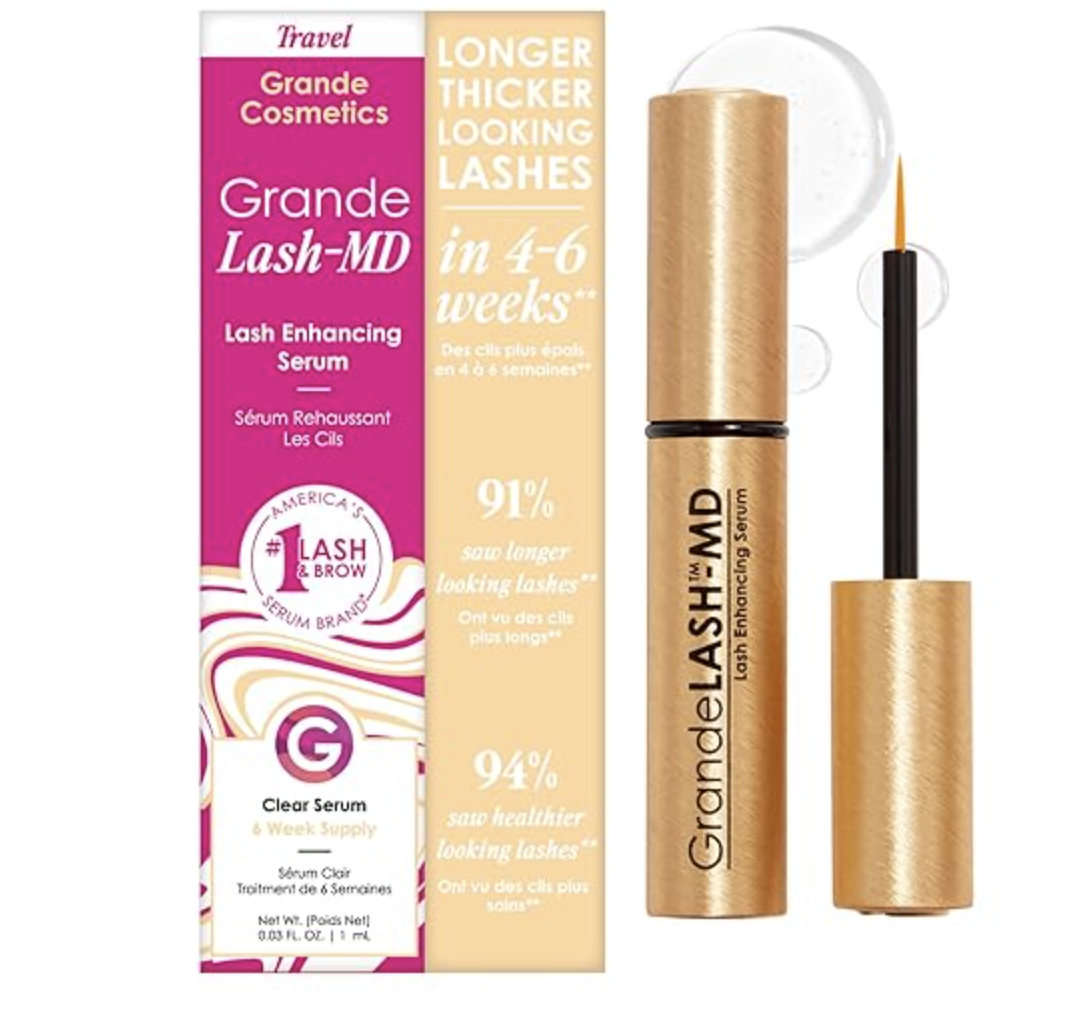 GrandeLASH-MD Lash Enhancing Serum bottle alongside its packaging displaying product claims and statistics.