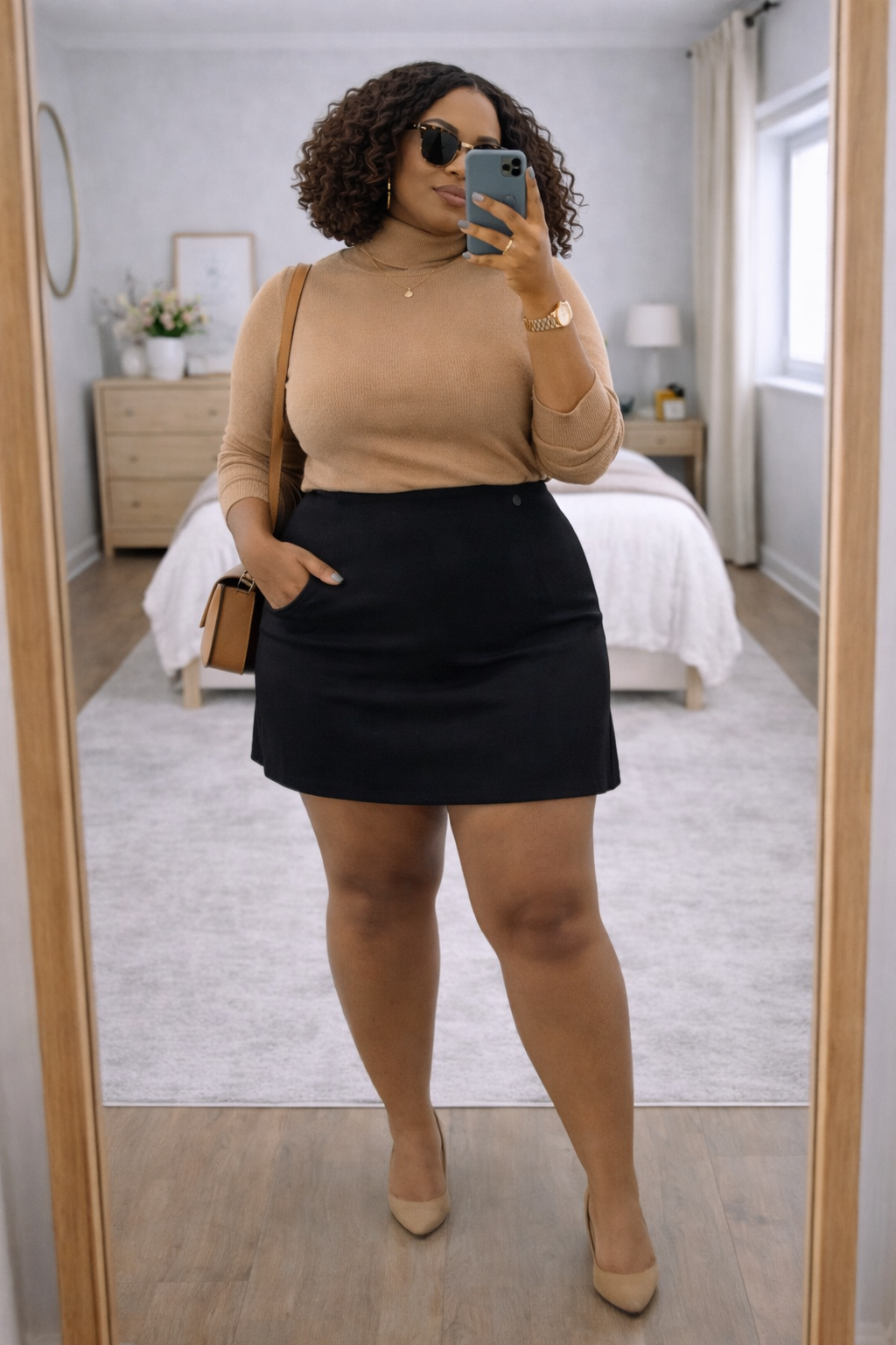 A woman wearing a camel-colored mock neck sweater tucked into a black mini skirt with nude pumps, demonstrating a comfortable yet polished outfit.