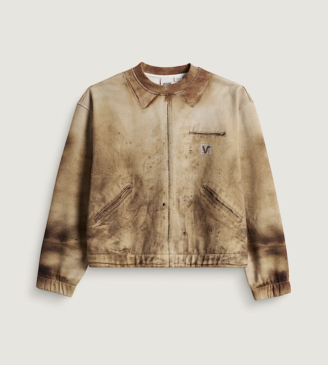 Brown VANSZA trompe l’oeil fleece crewneck and sweatpants printed to resemble worn workwear.