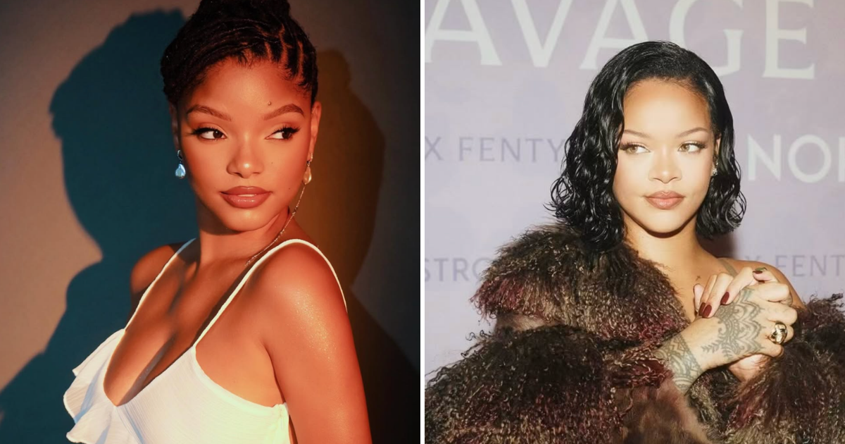 A side-by-side comparison of Halle Bailey with her signature long locs and Rihanna in a voluminous textured brown coat, demonstrating how length and volume balance a heart-shaped face.