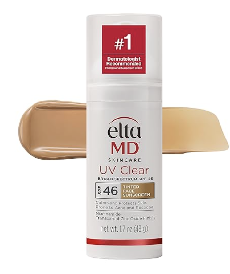 A bottle of EltaMD UV Clear Tinted Broad-Spectrum SPF 46 with a swatch of the product, an oil-free sunscreen and moisturizer for sensitive mature skin.