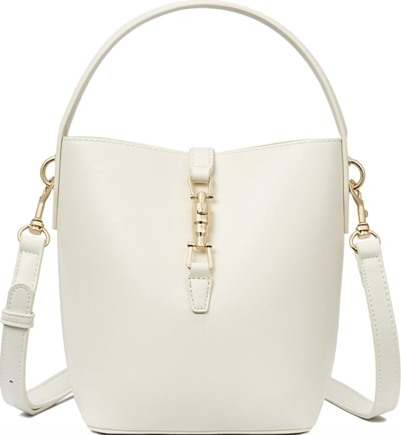 A structured creamy white vegan leather mini bucket bag featuring a prominent gold-toned lobster claw clasp and a matching white shoulder strap.