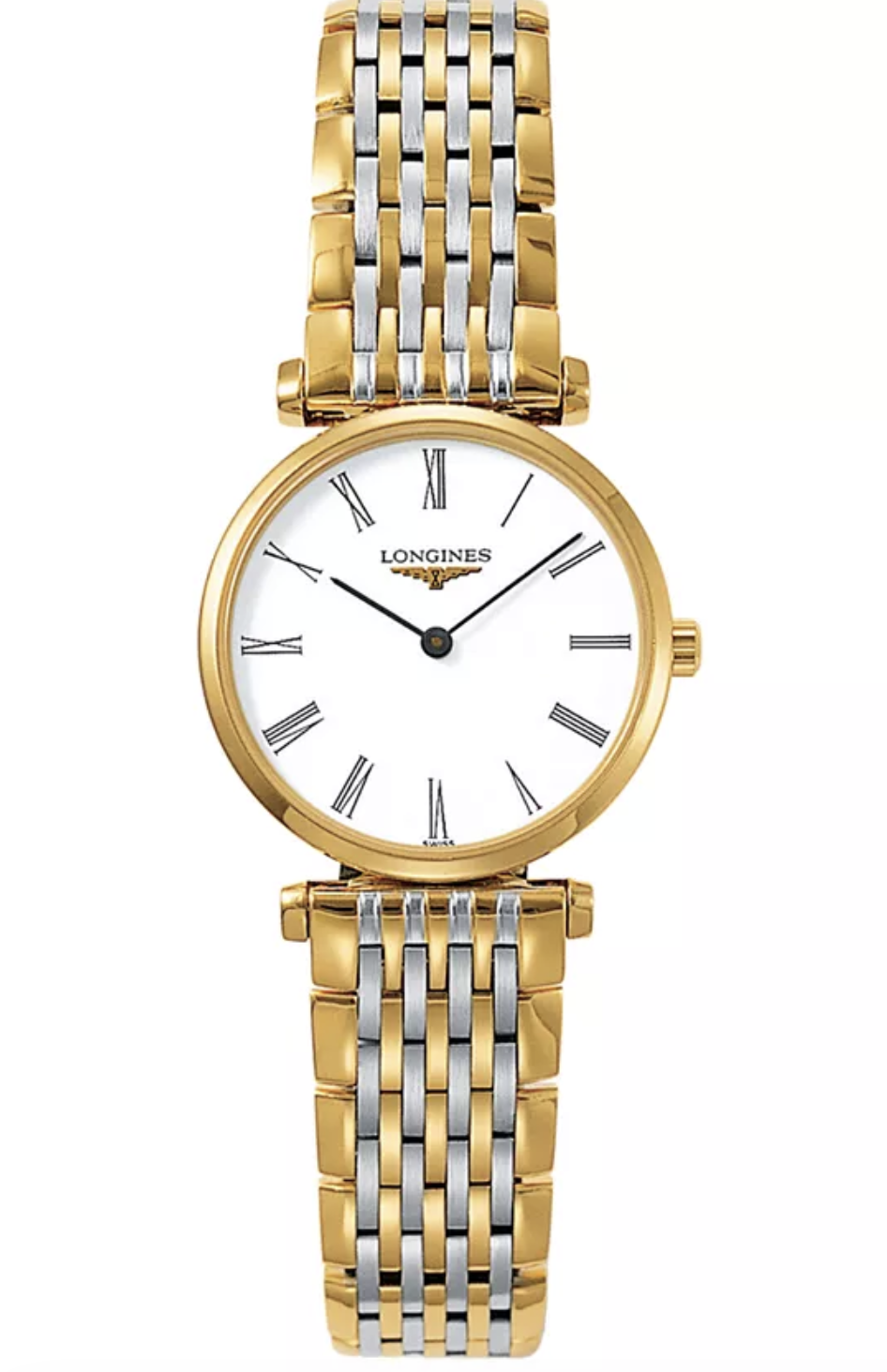 A Longines La Grande Classique women's watch (Ref. L42092117) featuring a slim, round gold-tone case with a white dial, black Roman numeral markers, and a matching two-tone stainless steel and yellow PVD bracelet.