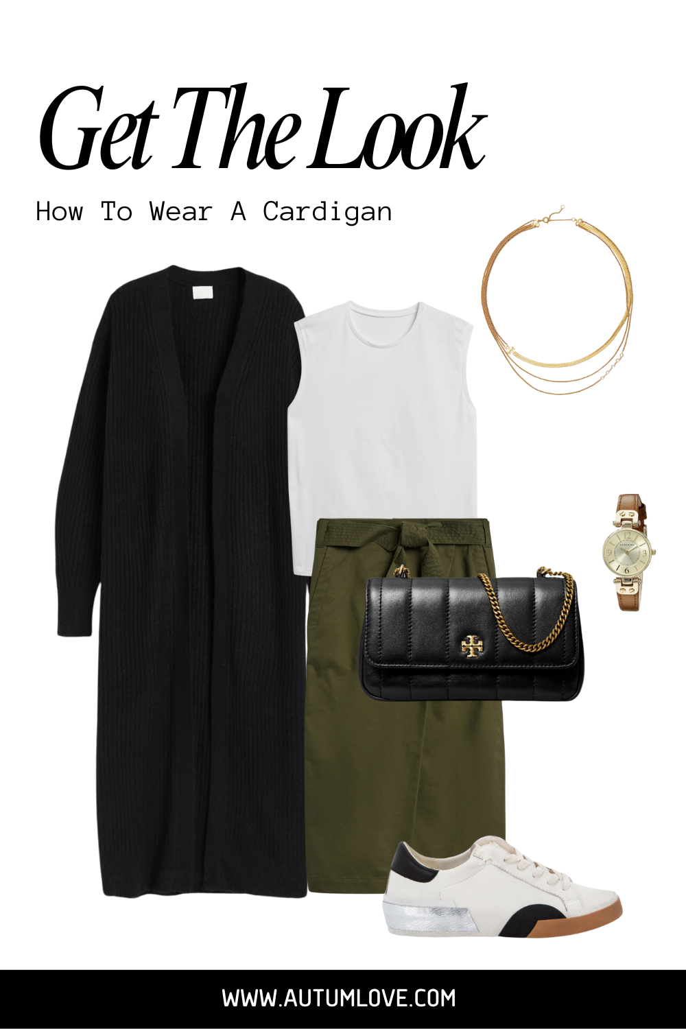 Flat lay outfit featuring a long black ribbed cardigan, a white sleeveless tank top, an olive green cargo midi skirt with a tie waist, a black quilted crossbody bag, and white sneakers.