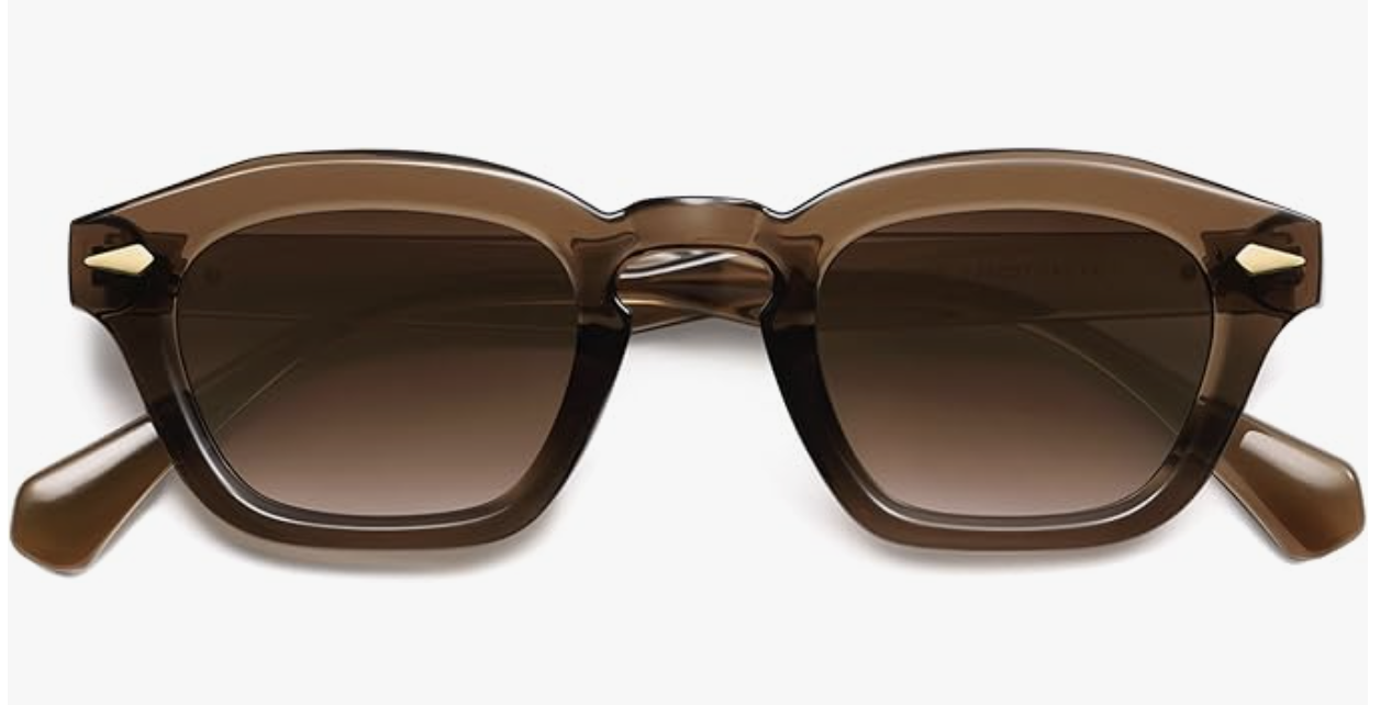 A pair of small retro square-frame sunglasses in a translucent tortoise brown finish with dark gradient lenses, styled for a 90s-inspired luxury resort look.