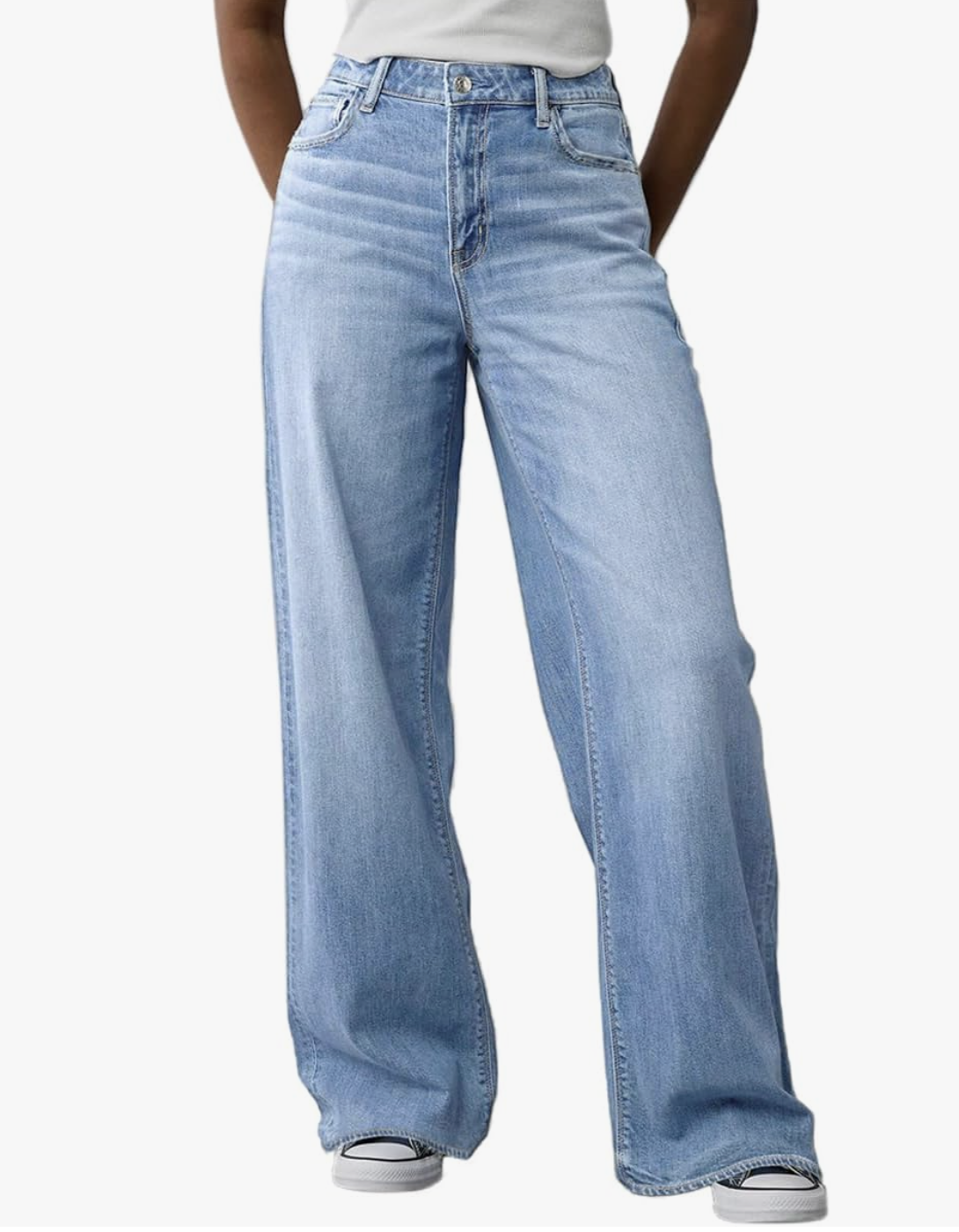 Product shot of light-wash high-waisted baggy wide-leg jeans for women, featured as an affordable Amazon denim pick for styling relaxed outfits.