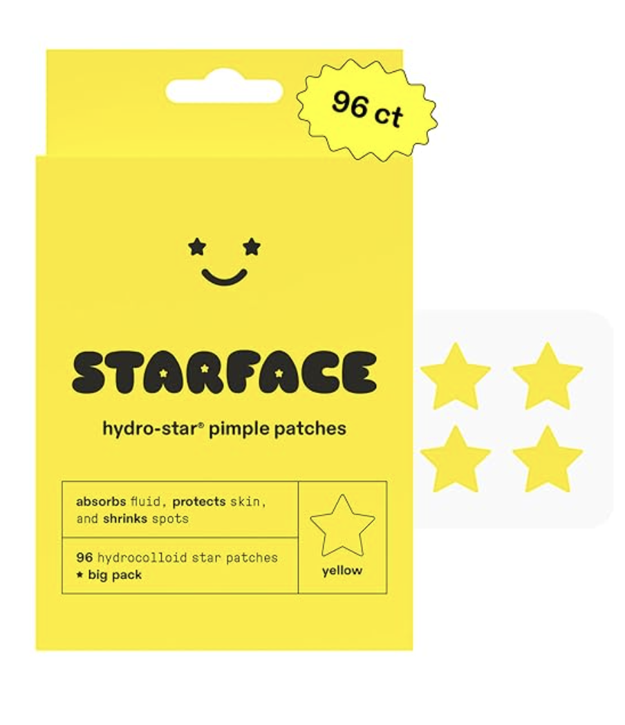 A yellow 'Big Pack' box of Starface Hydro-Star pimple patches containing 96 hydrocolloid star-shaped patches, shown with two yellow stars floating next to the packaging.