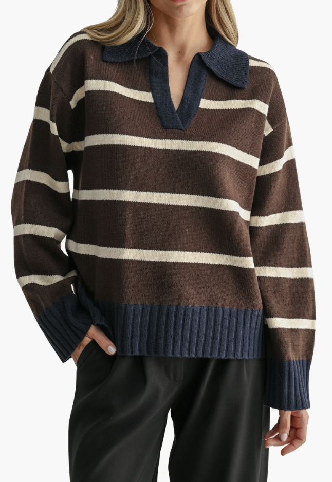 Brown and navy blue striped polo sweater with collar.