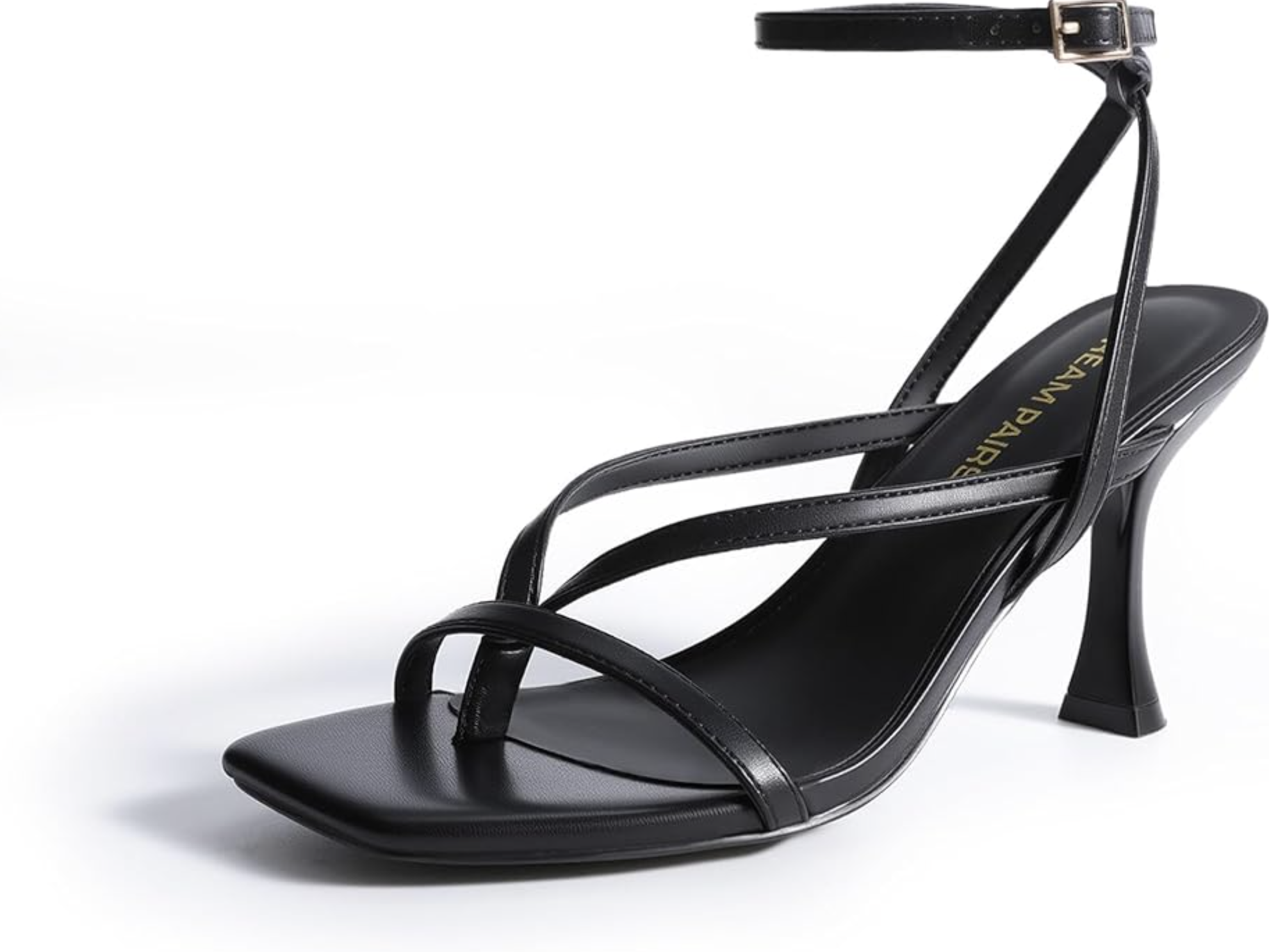A pair of black strappy square toe kitten heel sandals from Amazon, styled with wide leg trousers to create a polished and elongated silhouette for a big belly.
