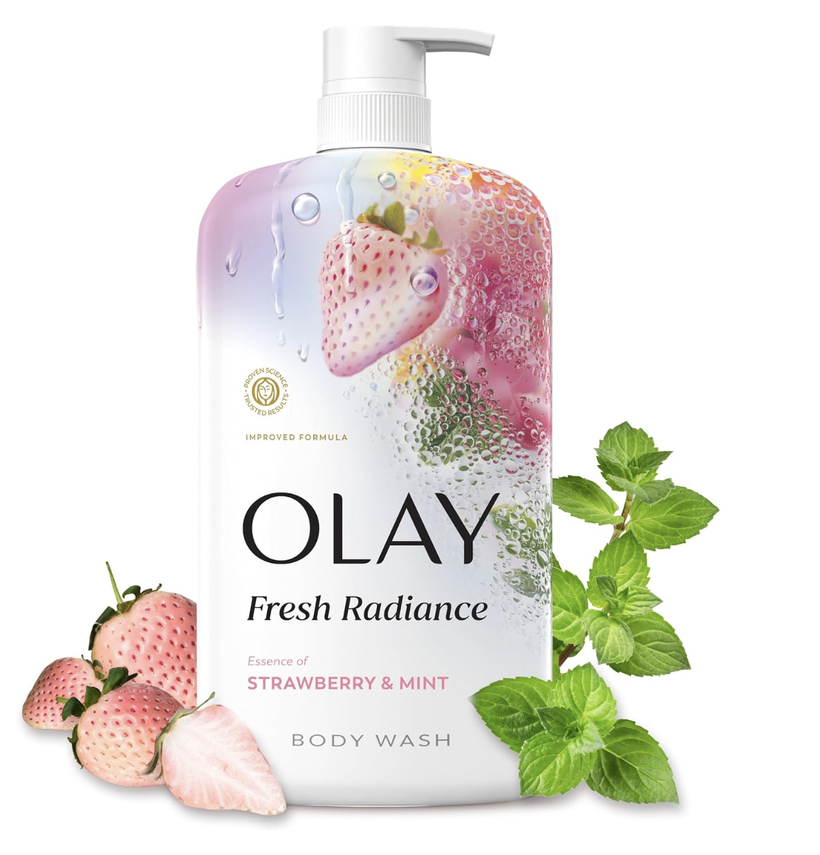 Pump bottle of Olay Fresh Radiance Body Wash in Strawberry and Mint with fresh strawberries and mint leaves.
