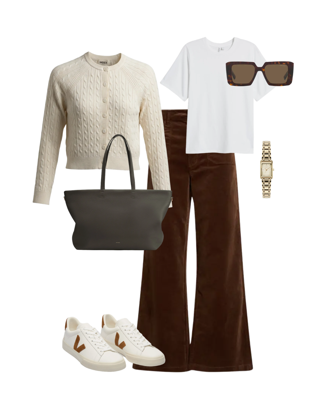Tobacco brown jeans with a denim shirt and cognac-colored accessories