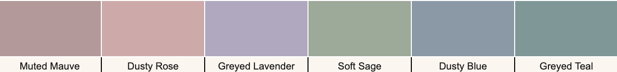 A color palette for the Soft Summer season featuring muted, cool-neutral shades of muted mauve, dusty rose, greyed lavender, soft sage, dusty blue, and greyed teal.