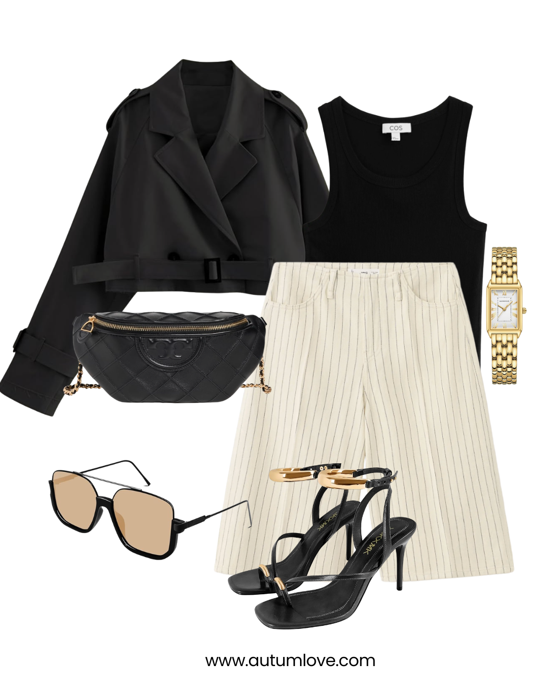 A professional summer outfit featuring a black cropped trench-style jacket, cream and white striped longline shorts, a black quilted belt bag, black strappy heeled sandals, and oversized sunglasses.
