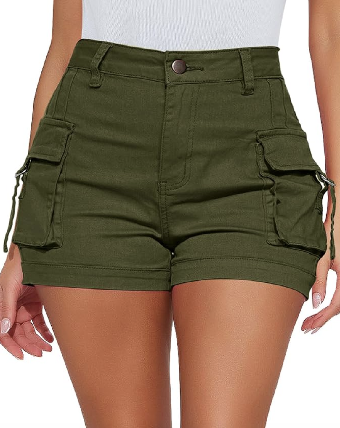A pair of olive green high-waisted cargo shorts with utility pockets and a relaxed fit, styled for an elevated summer outfit.