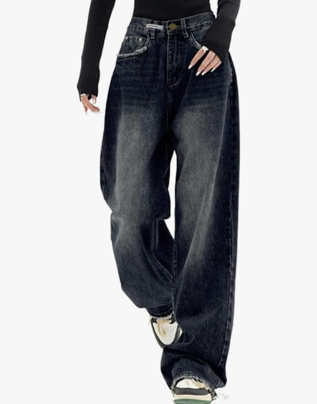 Product shot of dark-wash mid-low waist baggy jeans for women, featured as a versatile denim option for styling dressy evening outfits.