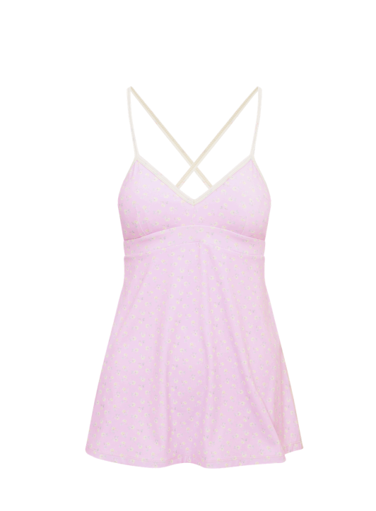 LoveShackFancy Lashinda Dress in the pink floral Polaroid Rose print displayed on a white background.