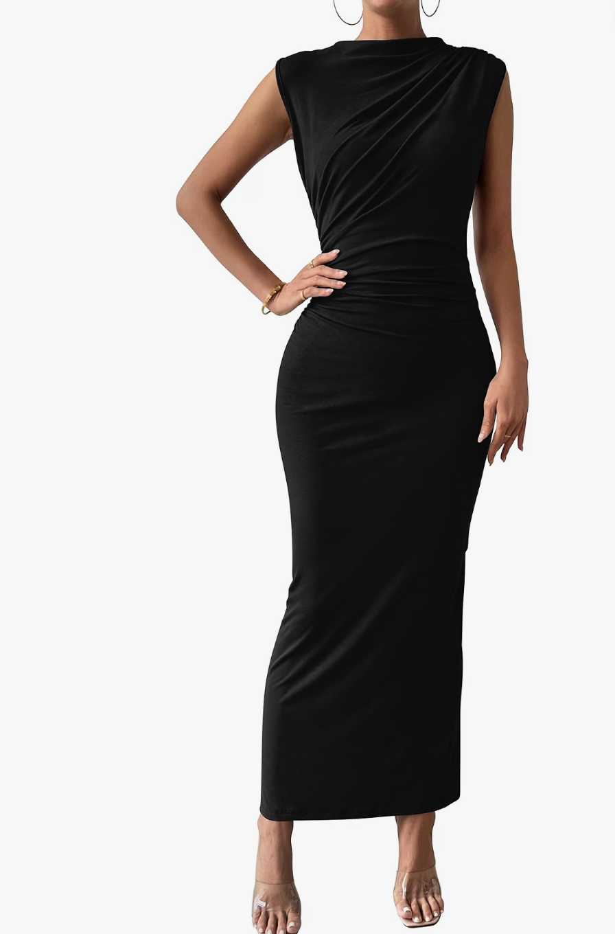 BTFBM black sleeveless maxi dress with a high neck and ruching