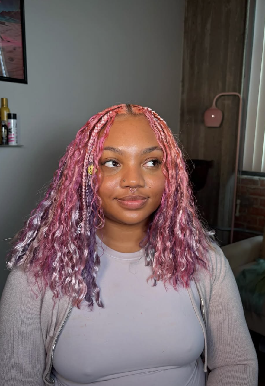 Braided bob mixing chocolate, copper and auburn tones.
