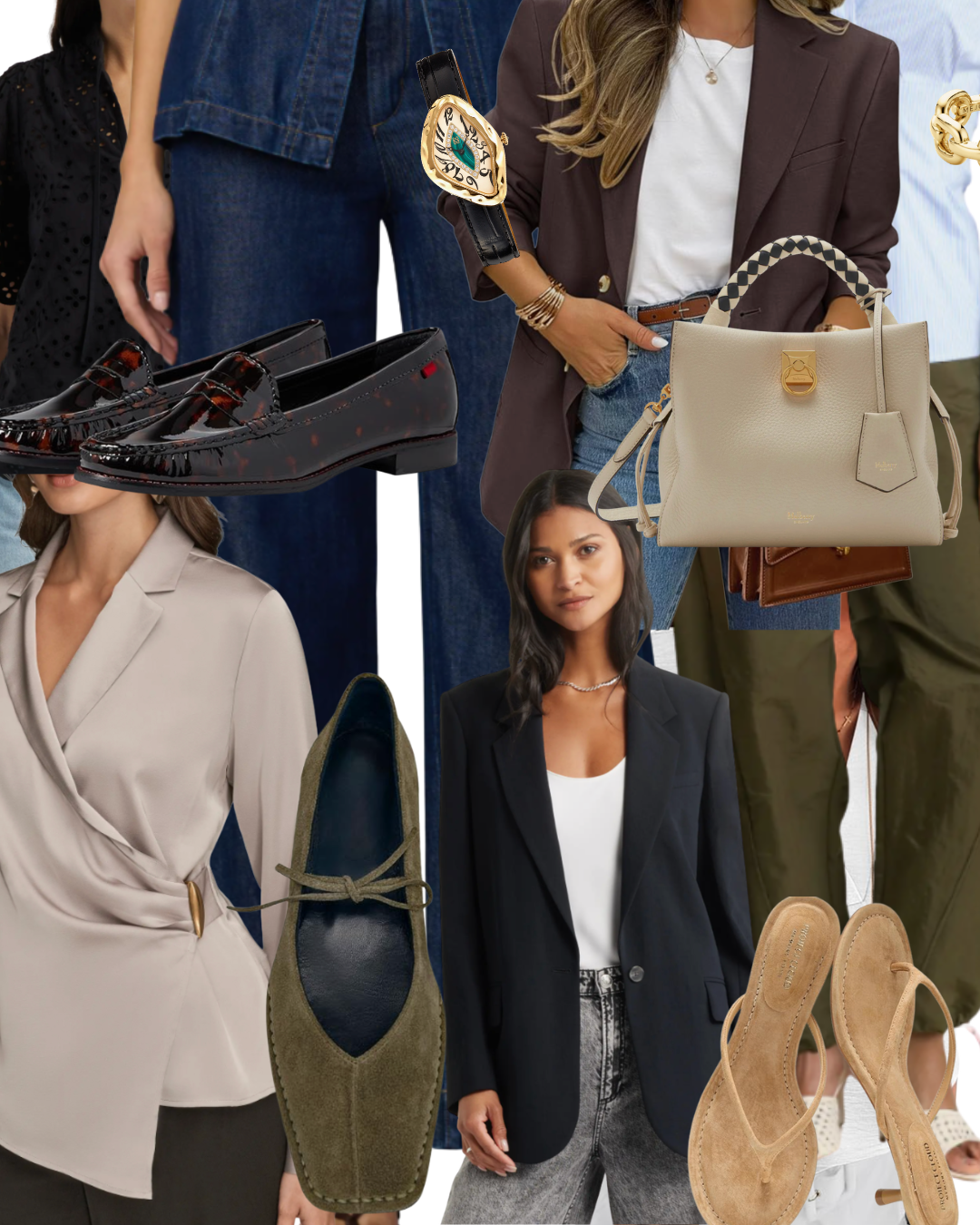 A collage of hybrid work outfit ideas featuring a grey wrap silk top, black relaxed blazer, dark indigo wide-leg jeans, and accessories like leopard print loafers and a beige handbag.