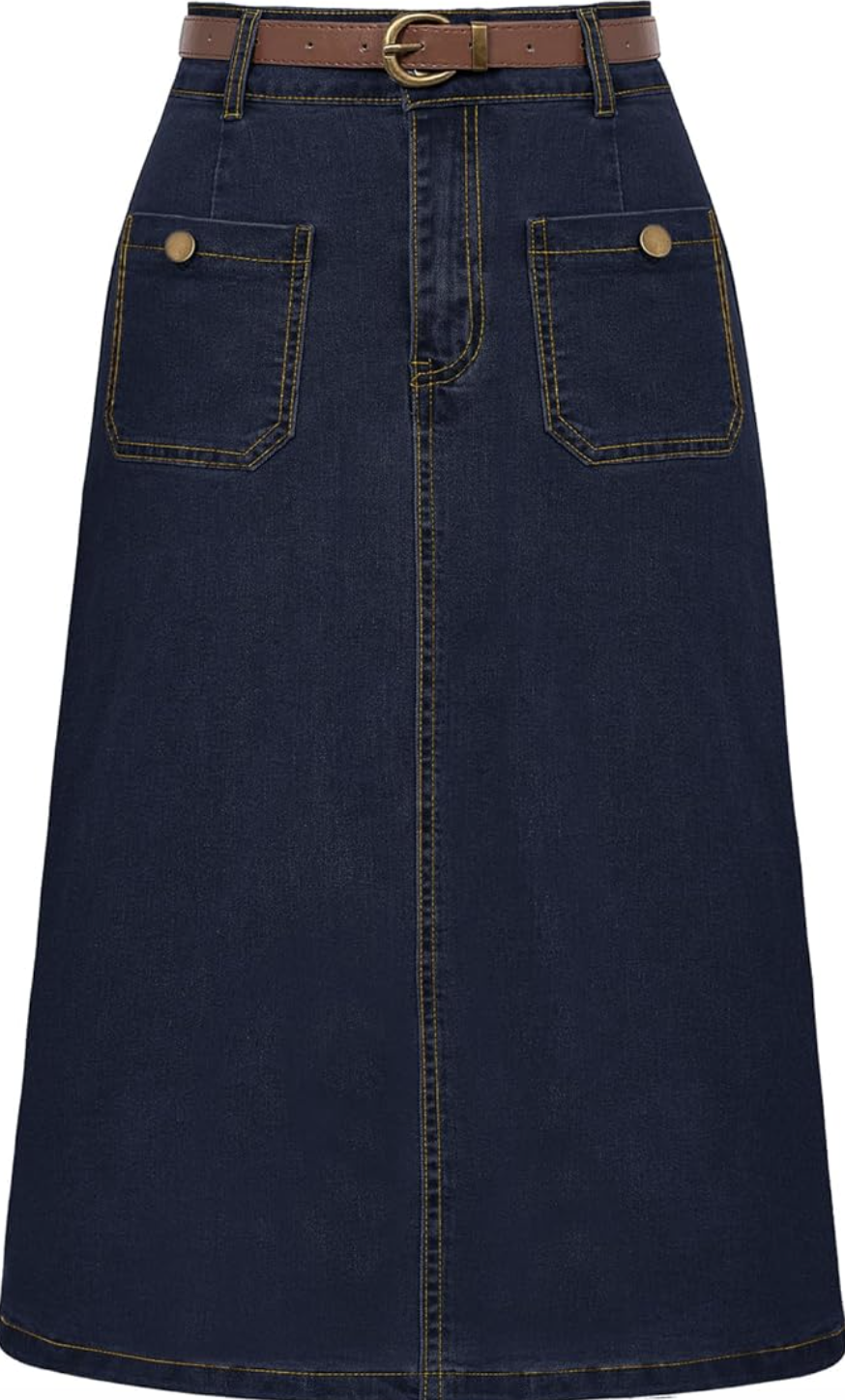 Woman wearing a Belle Poque dark blue denim midi skirt with a matching belt and front patch pockets, a polished spring wardrobe staple for women over 60.