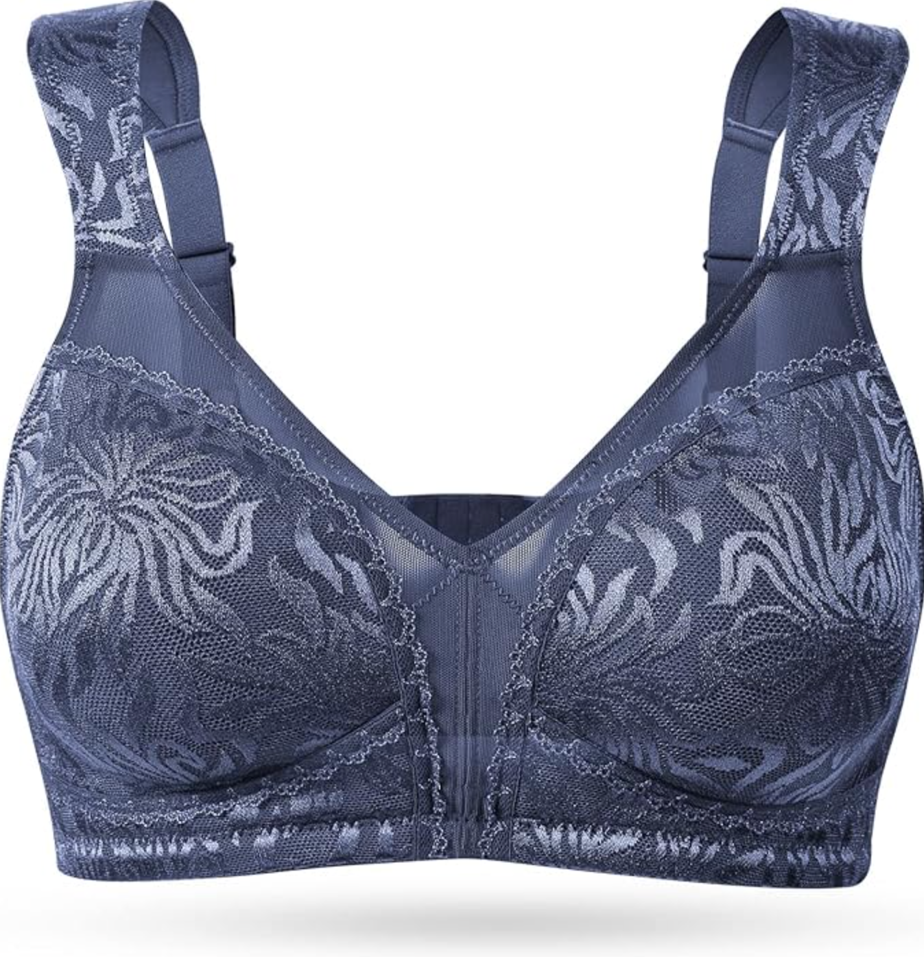 A Playtex 18 Hour Wireless Comfort Bra in a blue floral lace pattern, featuring full coverage and supportive straps as an essential wardrobe basic for women.
