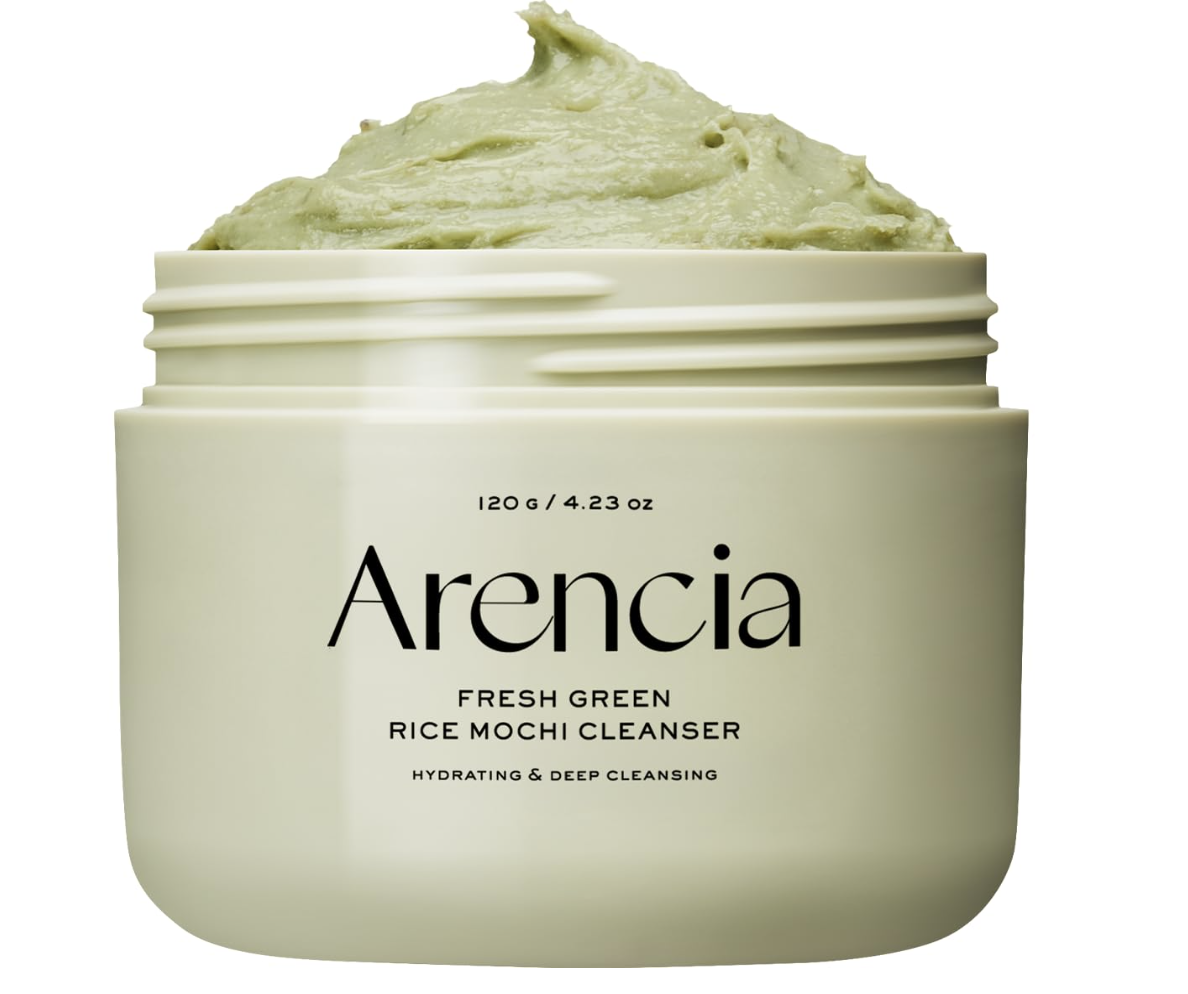Arencia Green Rice Mochi Face Cleanser in its green jar for a gentle daily cleanse