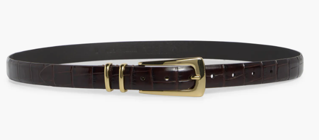 Slim dark brown croc-embossed leather belt with a square gold buckle on a white background.