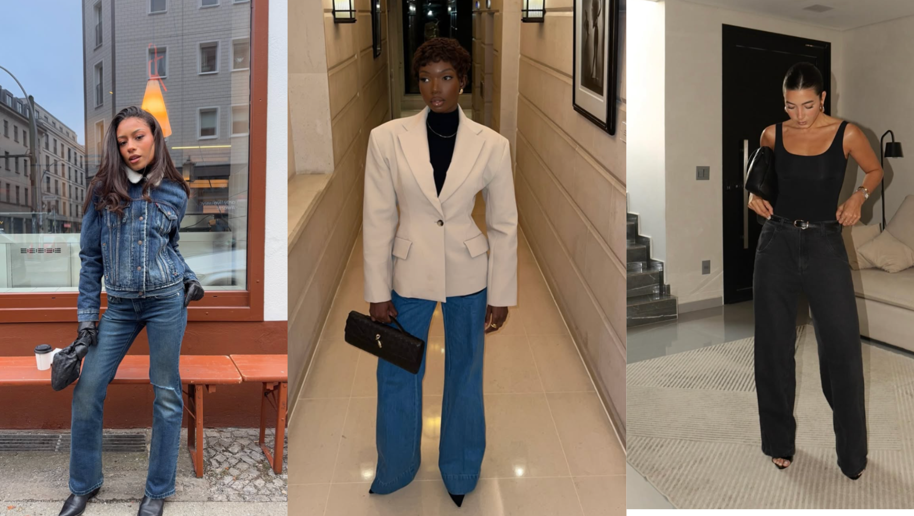 Fashion influencer wearing a cream structured hourglass blazer, black turtleneck, and dark wash bootcut jeans with pointed-toe boots.