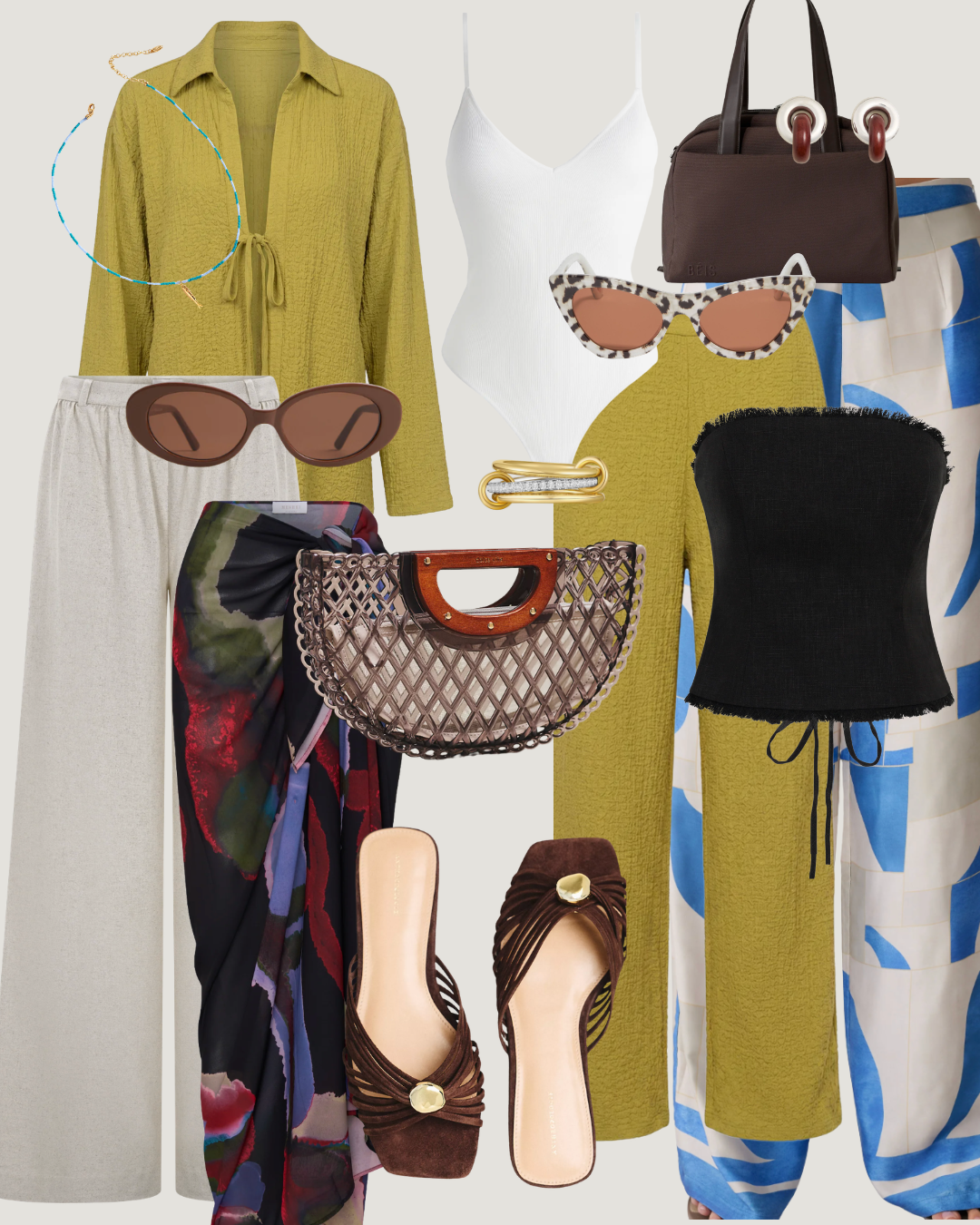 A collage of summer resort wear outfits for a Cabo vacation, including a yellow linen shirt, wide-leg white pants, a black halter top, a colorful print skirt, slide sandals, and a woven beach bag.