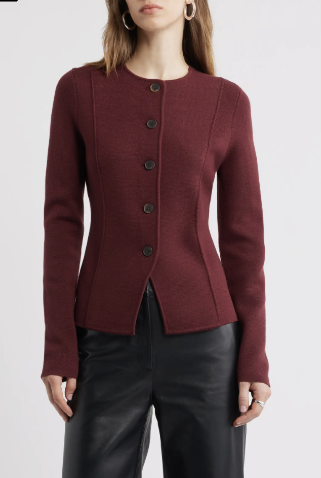 Nordstrom merino wool sweater jacket with a polished cardigan-style silhouette.