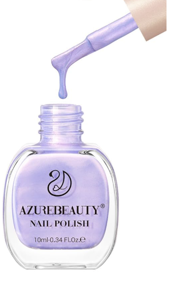 A bottle of Azure Beauty Blue Violet Galaxy nail polish, a shimmering iridescent shade for a summer 2026 manicure.