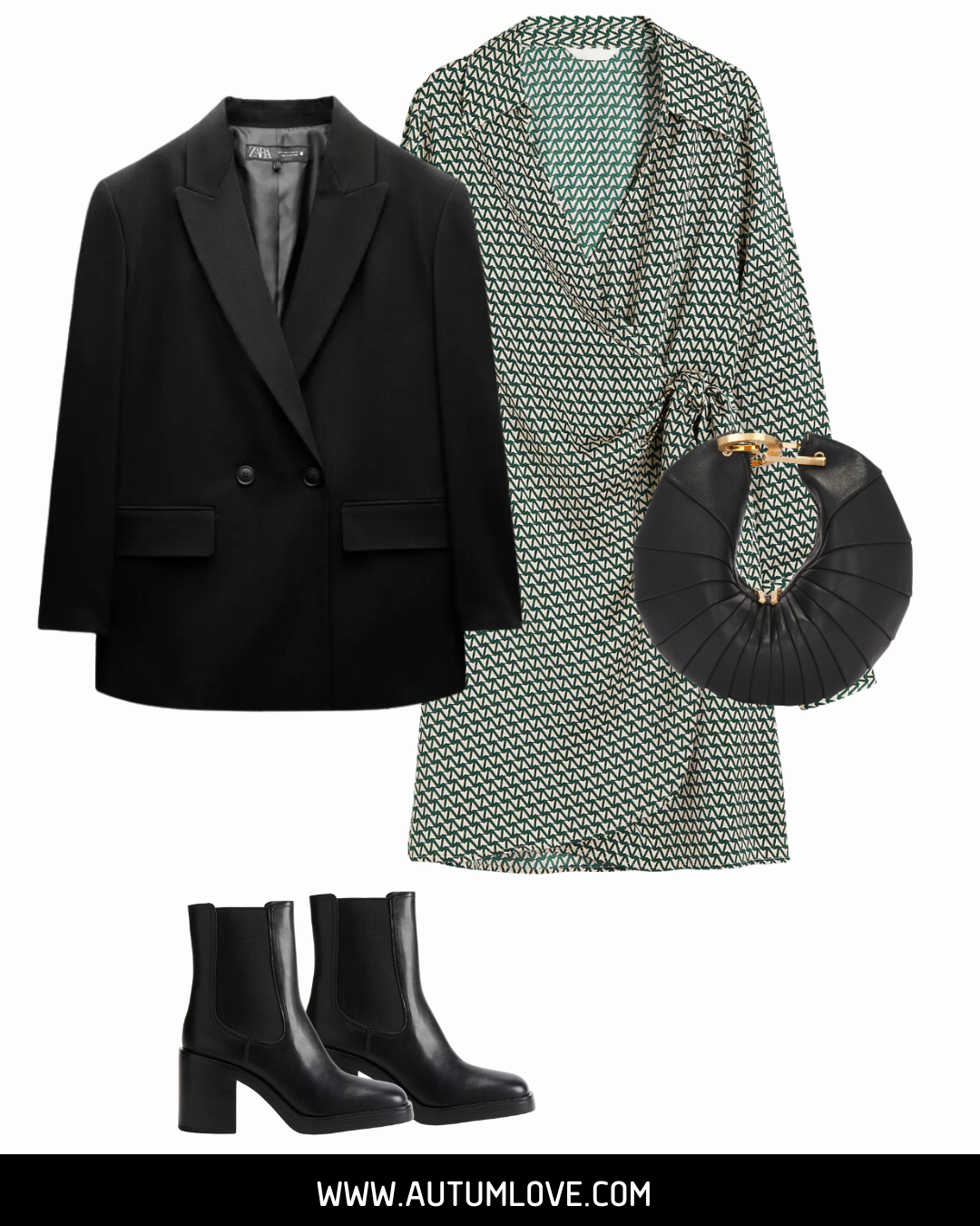 A flat-lay outfit featuring a green and white printed wrap dress paired with a structured black blazer and black ankle boots, showing how diagonal lines and layering can disguise a muffin top.