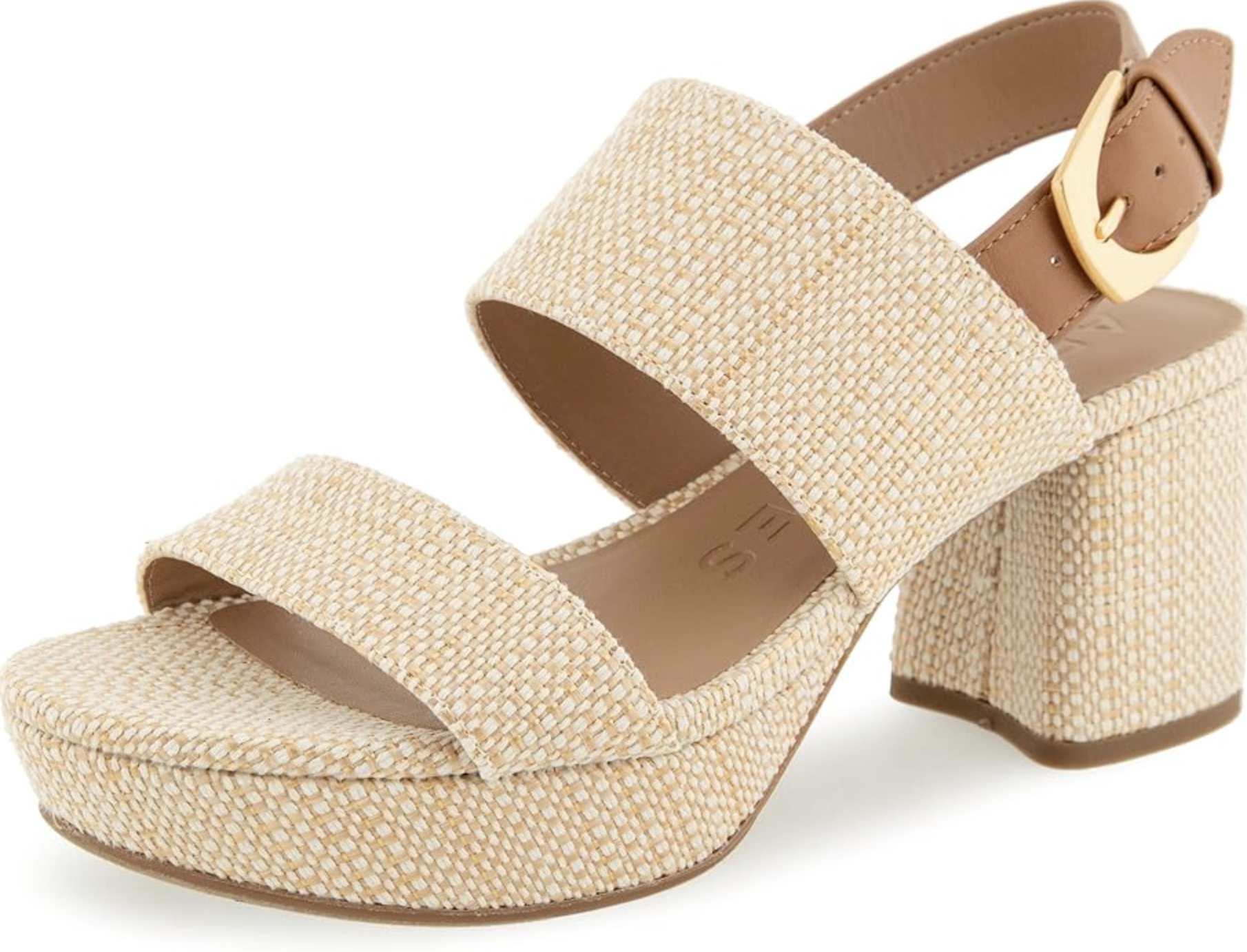 A pair of tan woven espadrille platform wedge sandals with a thick toe strap, ankle strap with a gold buckle, and a textured woven heel.