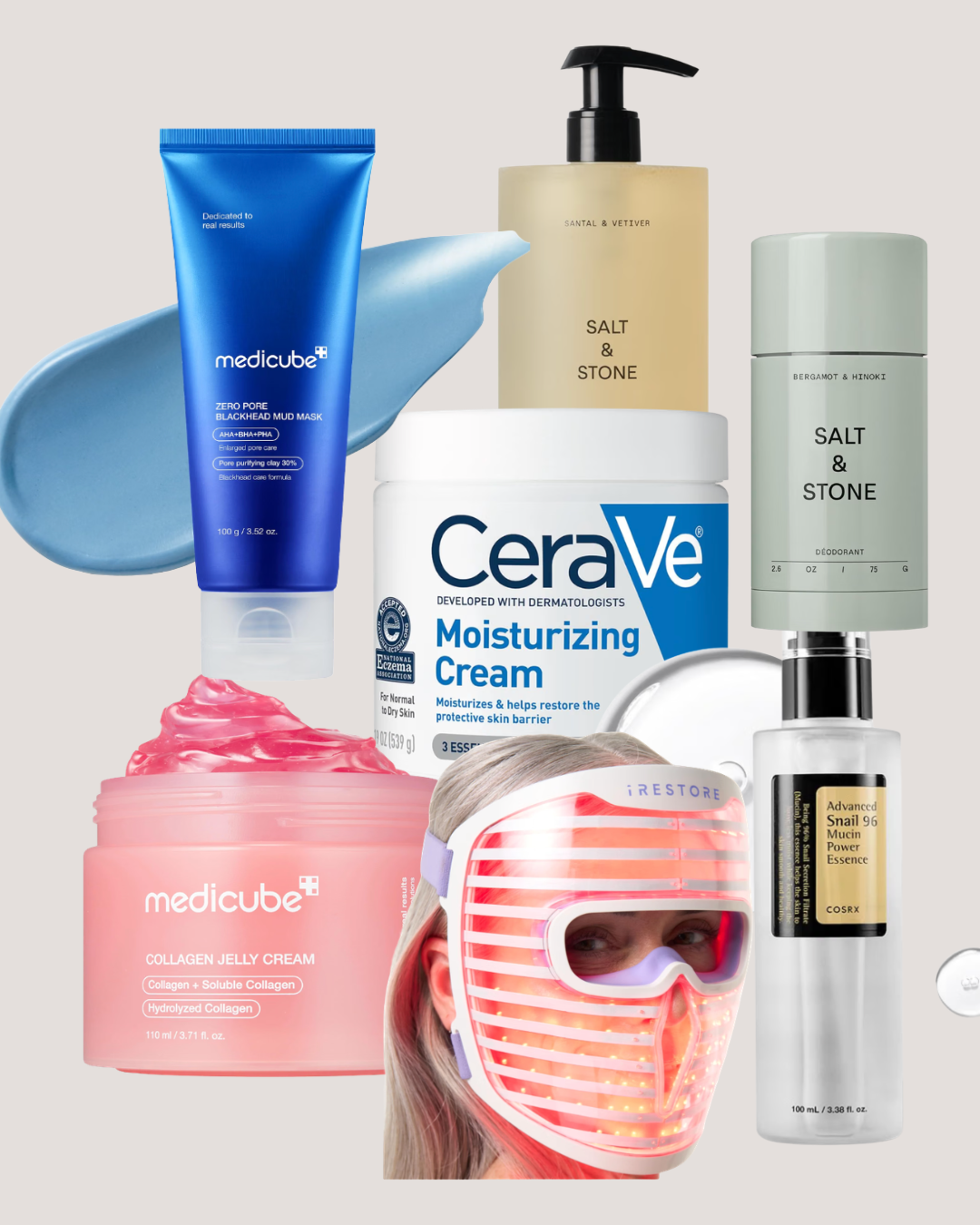 Skincare, mascara and body wash arranged for an everyday beauty routine