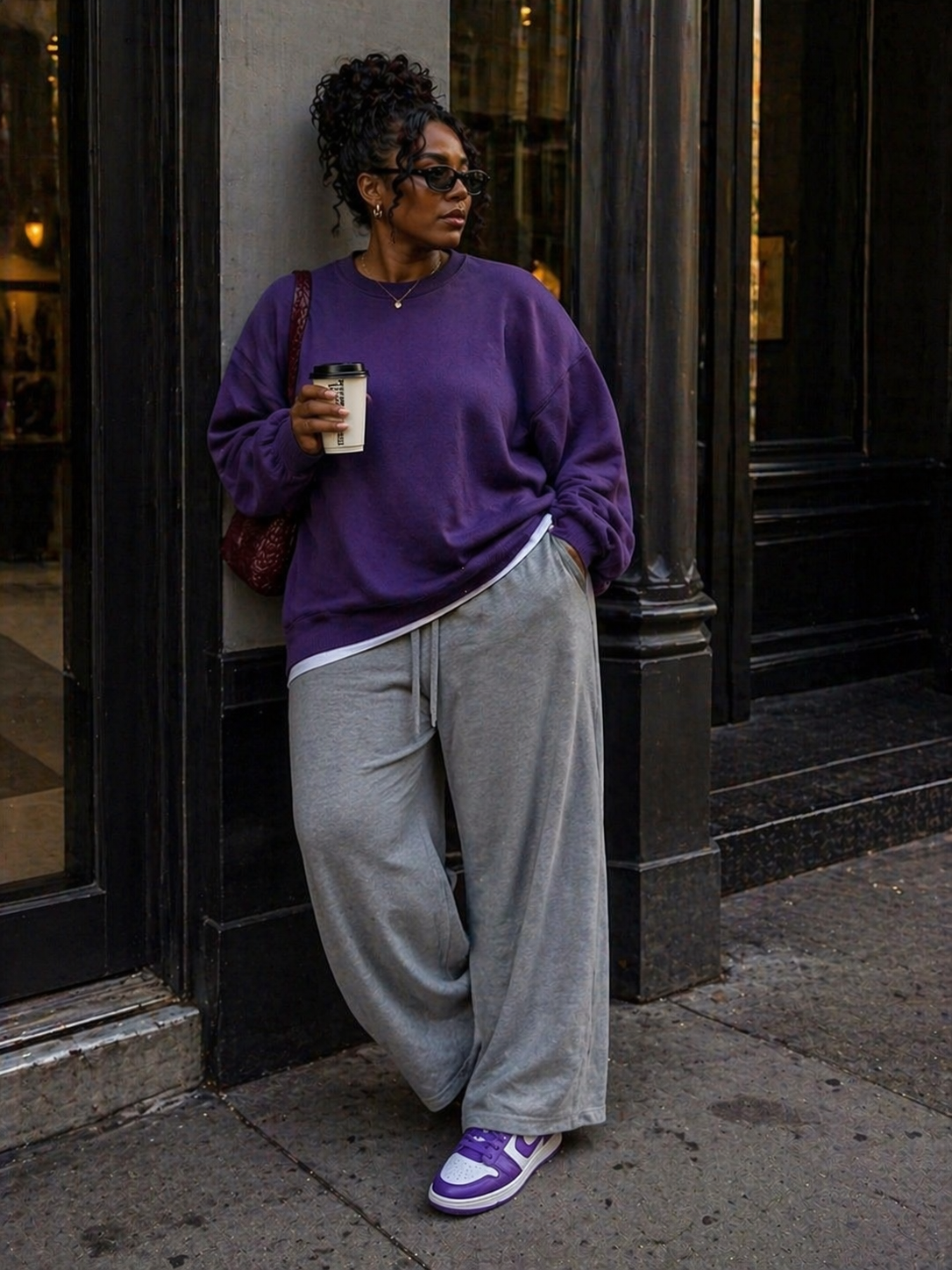 A woman wearing an oversized purple sweater and grey wide-leg sweatpants, holding a coffee cup and wearing purple sneakers.