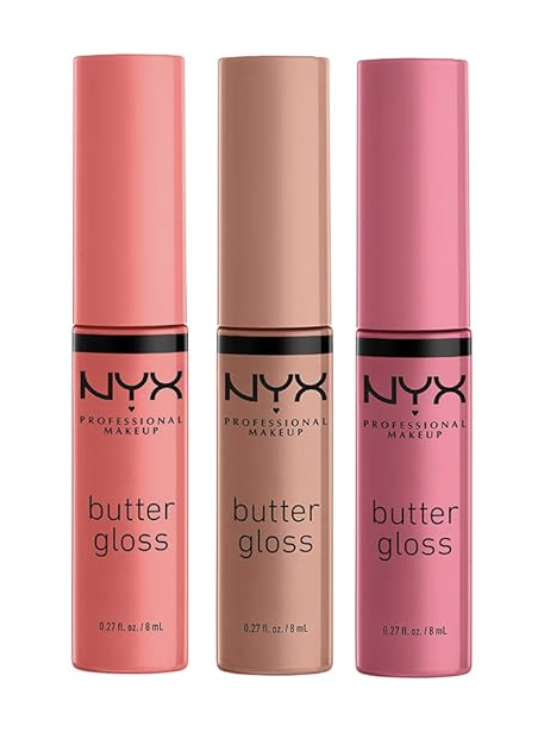 A pack of three NYX Professional Makeup Butter Glosses in the shades Angel Food Cake, Creme Brulee, and Madeleine, showcasing their color-matched tubes.