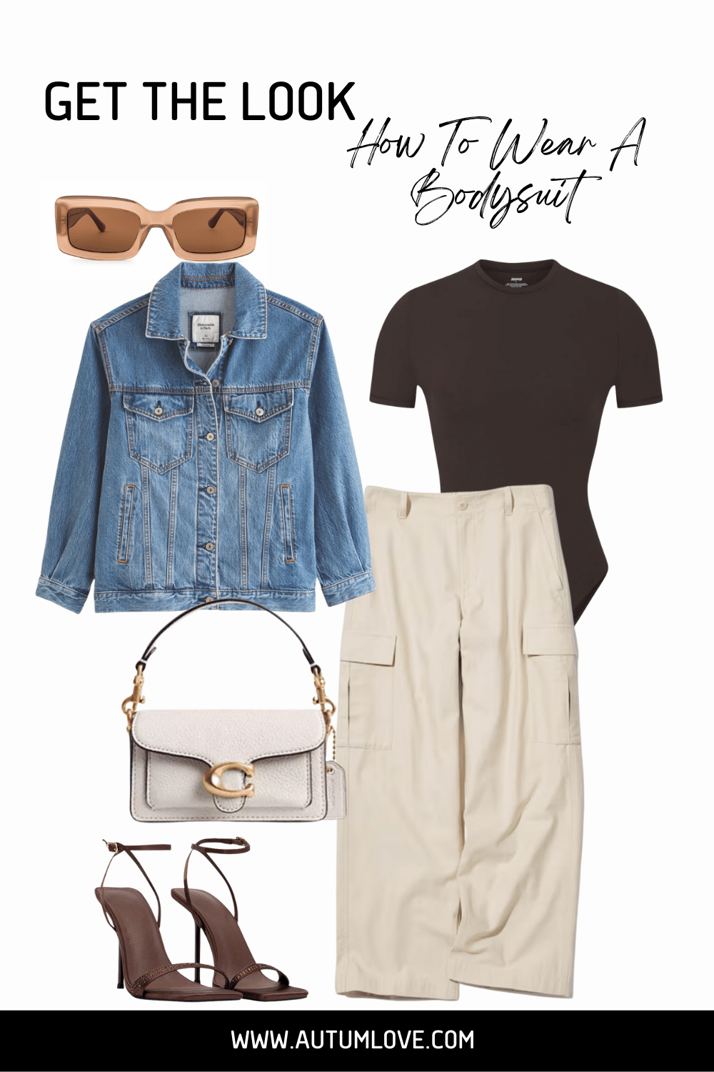 Styling a neutral seamless bodysuit with high-waisted beige cargo pants and a denim jacket to create a smooth waistline and camouflage a big belly.