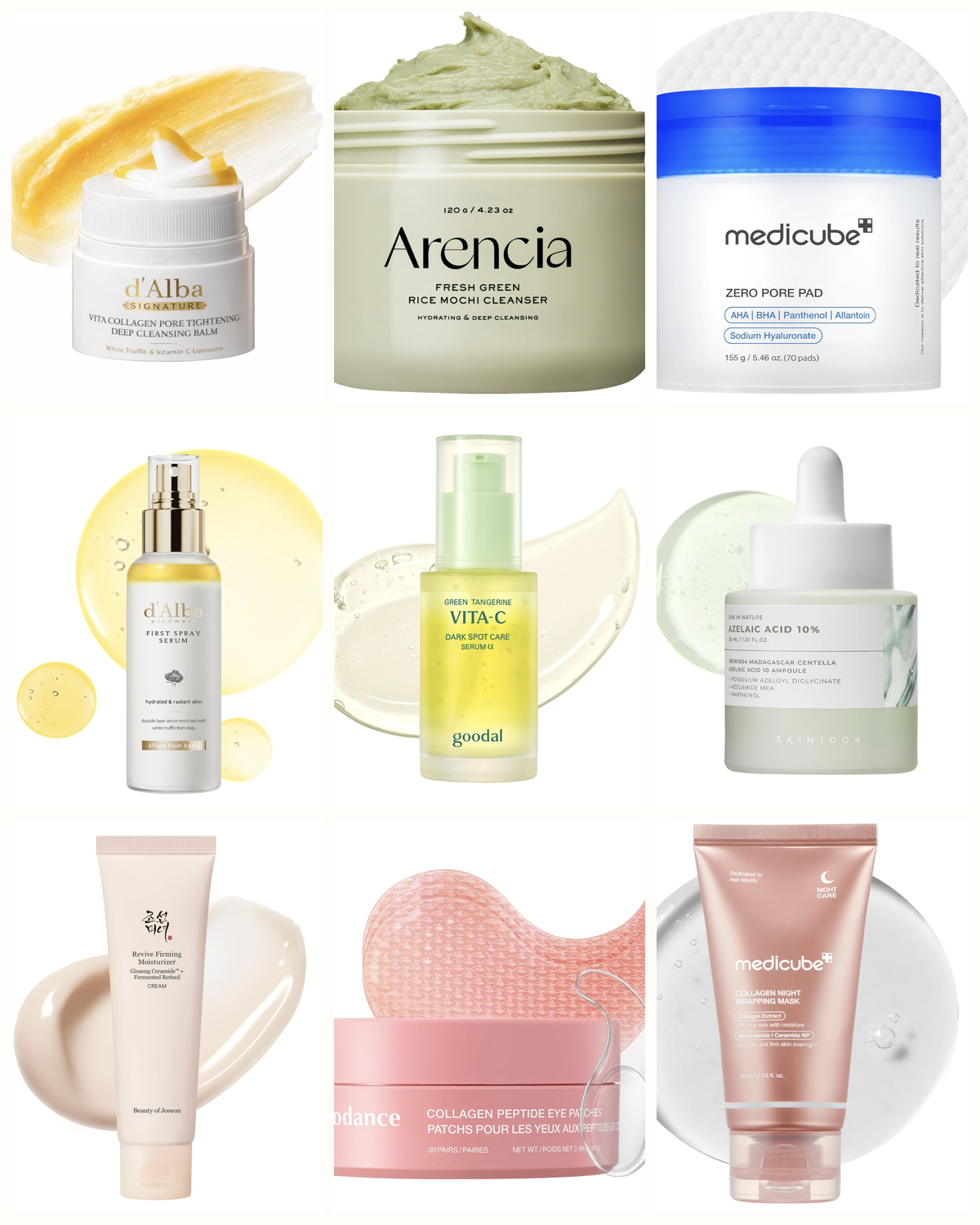A curated grid collage of popular Korean skincare products, including serums, moisturizers, eye patches, and cleansers from top K-beauty brands.