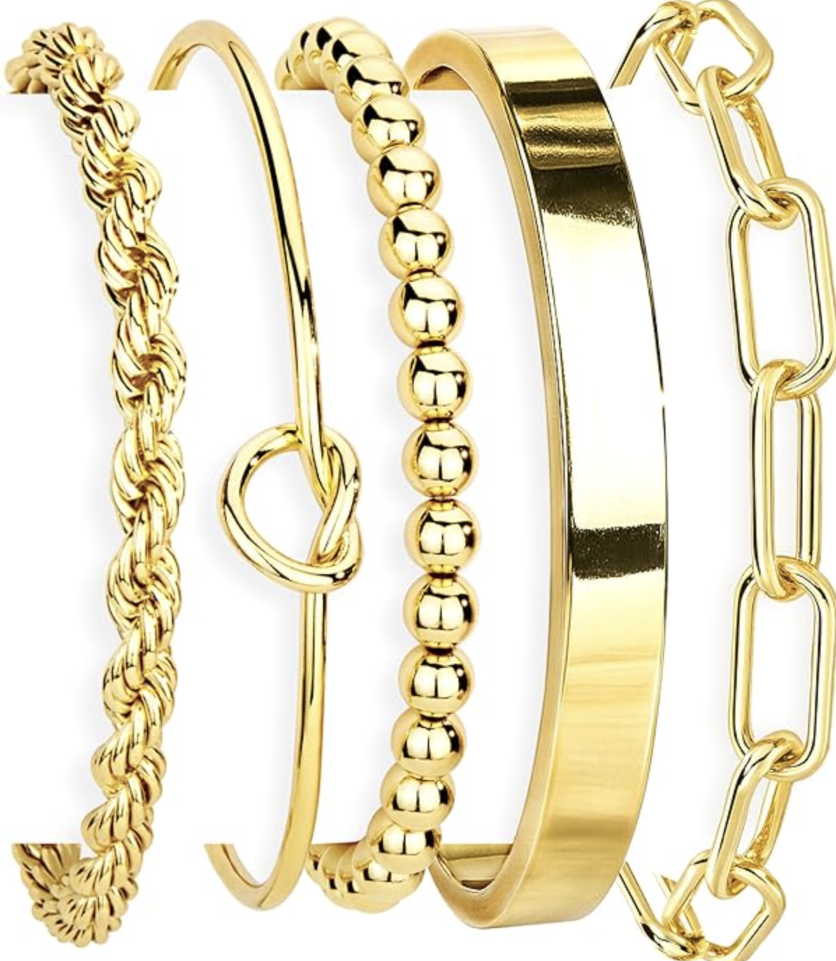 A close-up of a five-piece stacked gold bracelet set, featuring a mix of textures including a thick twisted rope chain, a delicate knot cuff, a textured beaded band, a classic smooth solid bangle, and a bold rectangular link paperclip chain.