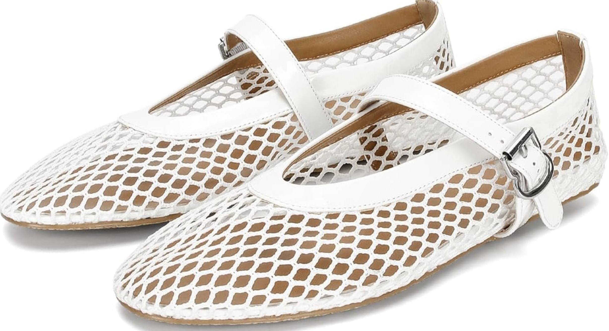 A close-up view of a pair of trendy white mesh ballet flats featuring a breathable grid pattern, a delicate mary jane strap with a silver buckle, and a pointed toe.