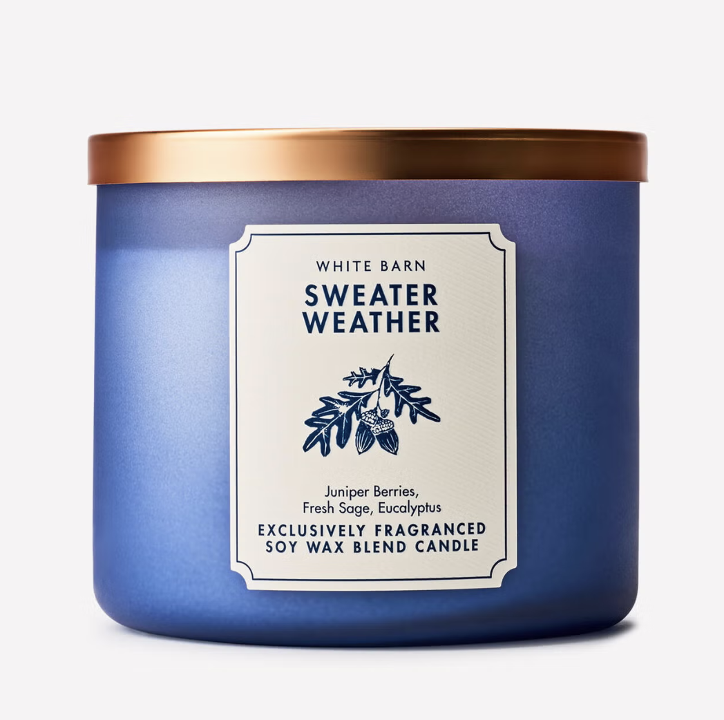 Bath & Body Works Sweater Weather three-wick candle.