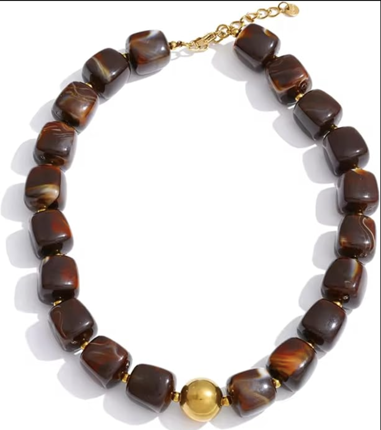 Chocolate-brown Mchic necklace with square acrylic beads and a gold-plated ball pendant.