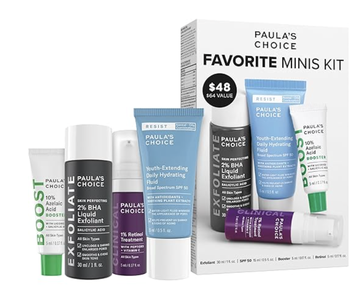 Paula's Choice Favorites Mini Kit featuring the 2% BHA Liquid Exfoliant, 1% Retinol Treatment, and Youth-Extending Daily Hydrating Fluid.