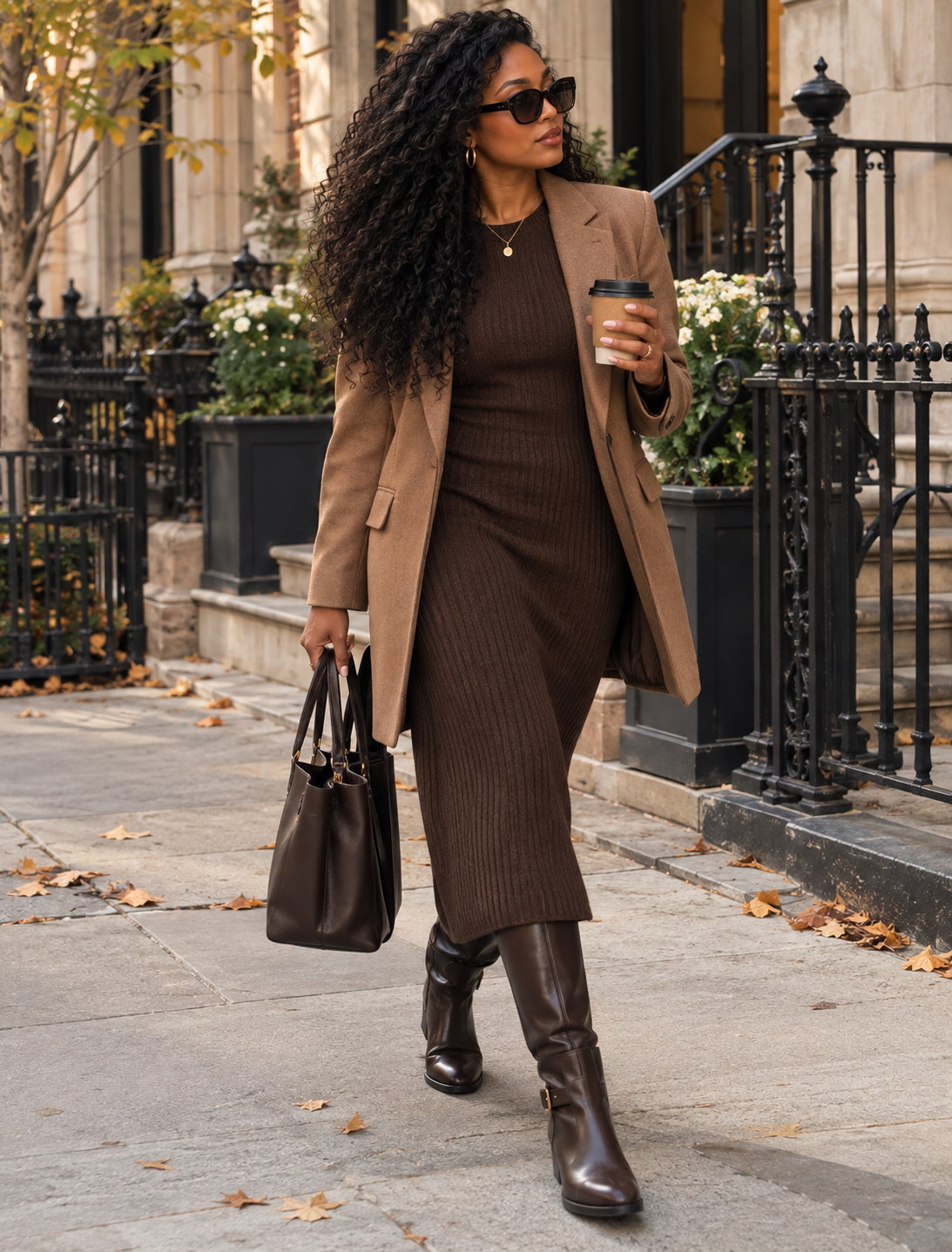 Full-length knit dress flat riding boots outfit showing the complete boot shaft and shoes